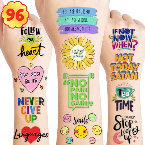 Motivational Inspirational Temporary Tattoos Tattoo Cute Quote Stickers 8Sheets 96PCS Birthday Party Favors Supplies Decorations For Kids Boys Girls School Prizes Gifts Rewards Carnival Christmas