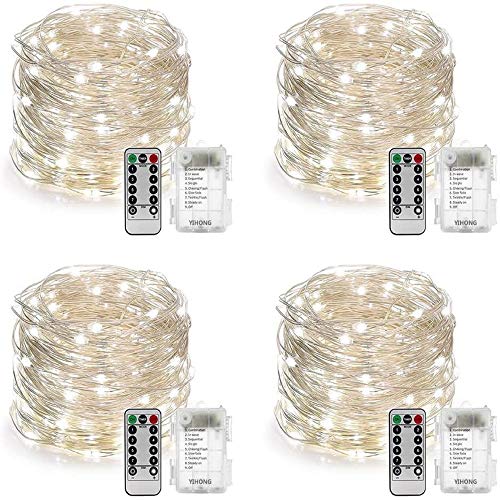 YIHONG 4 Set Fairy Lights Battery Operated Christmas String Lights with Remote Timer for 8 Modes Twinkle Lights 16.4 feet 50 LED Firefly Lights -White