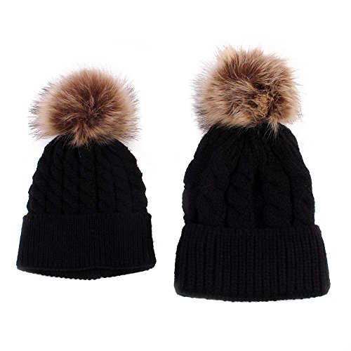 2PCS Parent-Child Hat, Mother Baby Warm Knit Hat Fur Wool Beanie Ski Cap Black