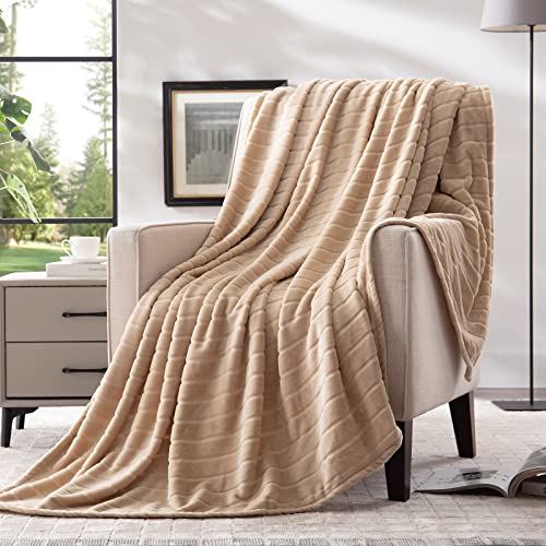 Bertte Plush Throw Blanket Super Soft Fuzzy Warm Blanket | 330 GSM Lightweight Fluffy Cozy Luxury Decorative Stripe Blanket for Bed Couch - 50'x 60', Light Beige