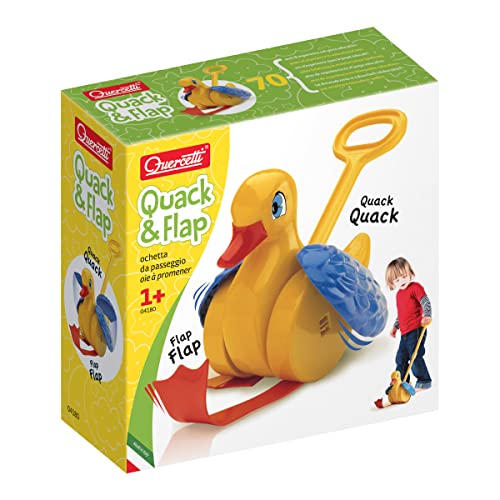 Quercetti Quack and Flap Duck Push Toy - Makes Sounds and Flaps Wings as it Rolls, Helps Toddlers Learn First Steps and Promotes Walking, for Kids Ages 1 - 3 Years , Yellow