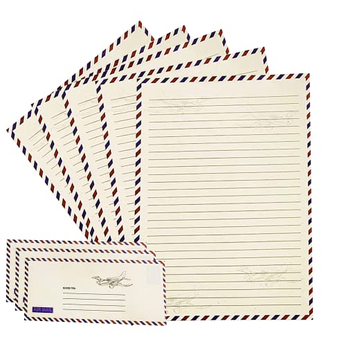 150Pcs Vintage Airmail Stationery Paper Set (100 Lined & double sided Sheets+50 Matching Envelopes) Sheet 8.5 x 11in Envelopes Greetings Travel Design Penpal writing kit, Fountain pen compatible