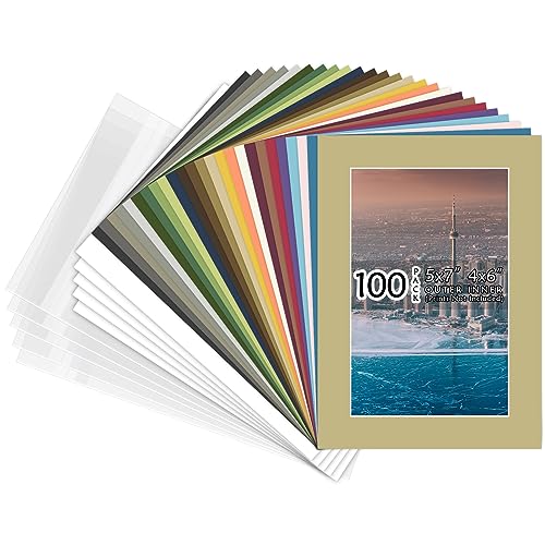 Golden State Art, Pack of 100 Mix Pre-Cut 5x7 Picture Mat for 4x6 Photo with White Core Bevel Cut Mattes Sets. includes 100 High Premier Acid Free Bevel Cut Matts & 100 Backing Board & 100 Clear Bags