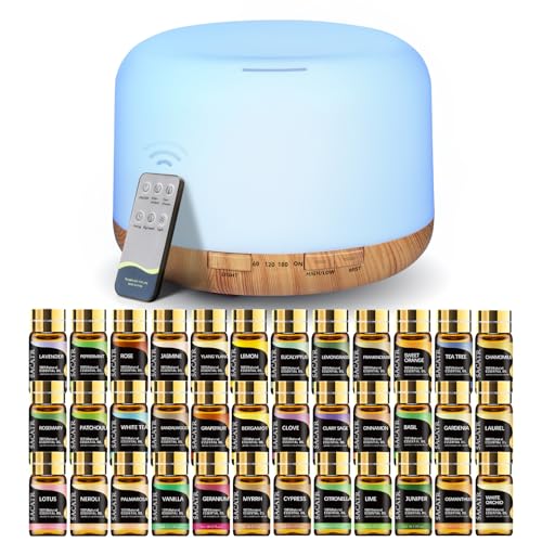 SACATR Essential Oil Diffusers for Home with 36 Oil Diffuser Sets, 500ml Aroma Diffuser for Essential Oils Large Room, Ultrasonic Cool Mist Diffuser Auto Shut-Off 4 Timers 15 Colors (36x5mL)