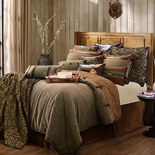 Paseo Road by HiEnd Accents Highland Lodge Rustic Bedding 4 Piece Twin Size Comforter Set, Green Brown Jacquard Western Bedding, Cabin Comforter Set with Bed Skirt, Shams, Accent Pillow