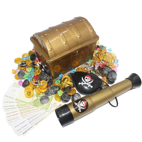 Pirate Treasure Chest Toy Set for Kids with Pirate Coins, Colorful Diamonds, Pirate Banknotes, Earrings, Necklace, Rings, Pirate Eye Patch, Telescope for Halloween Pirate Themed Party Favors