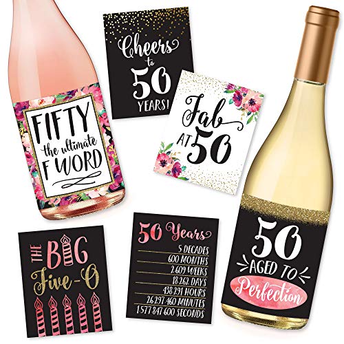 6 50th Birthday Wine Bottle Labels or Stickers Present, 1971 Bday Milestone Gifts For Her Women, Cheers to 50 Years, Funny Fifty Pink Black Gold Party Decorations Supplies For Friend, Wife, Girl, Mom
