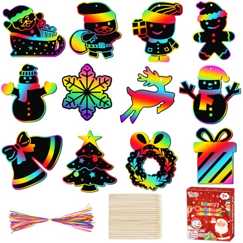 FEREDO KIDS Christmas Scratch Paper Ornaments for - 48Pcs Rainbow Scratch Off Cards with Wooden Stylus Magic Color Art Crafts Bulk Gifts for Girls Boys Students Classroom Holiday Party Favors