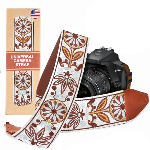 Art Tribute Camera Strap for All DSLR and Mirrorless Cameras Including Binoculars. Embroidered White Woven Universal Neck & Shoulder Strap, Floral Pattern, Great Gift for Men & Women Photographers