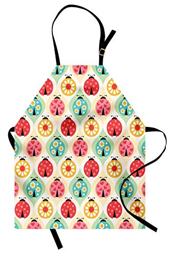 Lunarable Ladybugs Apron, Ladybugs Cartoon Geometric Pattern Art Print, Unisex Kitchen Bib with Adjustable Neck for Cooking Gardening, Adult Size, Coral Orange