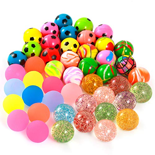 Pllieay 48 Pieces 4 Style 25mm Bouncy Balls Bulk Set Include Mixed Colour Ball Series, Neon Ball Series, Football Series and Gold Powder Ball Series for Party Bag Fillers