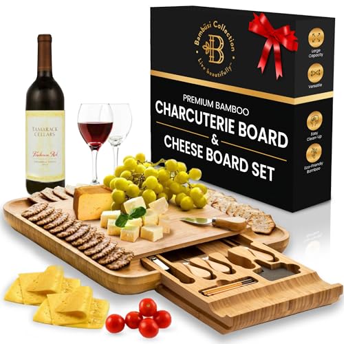 Bambüsi Charcuterie Boards Gift Set - Bamboo Cheese Board and Platter - Unique House Warming Gifts for New Home, Wedding Gifts for Couples, Bridal Shower, Housewarming Gifts, Birthday Gifts for Women