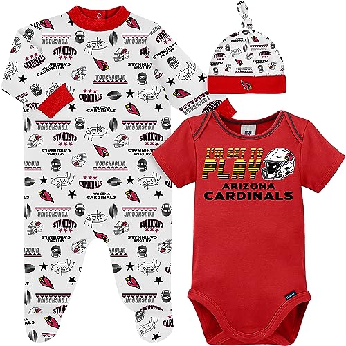 Gerber NFL Arizona Cardinals 3 Pack Bodysuit Sleep n Play Footie Cap Registry Gift Set, red/white Arizona Cardinals, 0-3M
