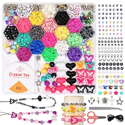 Quefe Clay Beads Bracelet Making Kit, 15 Colors Clay Beads Friendship Bracelet Kit, Flat Polymer Heishi Beads for Jewelry Bracelet Necklace Chains Making