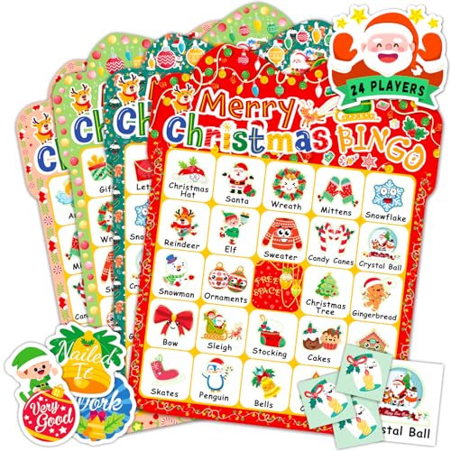 YTSQLER Christmas Bingo Game for Kids 24 Players, Christmas Bingo Cards Christmas Party Games for Family School Classroom Winter Party Supplies Favors Gifts