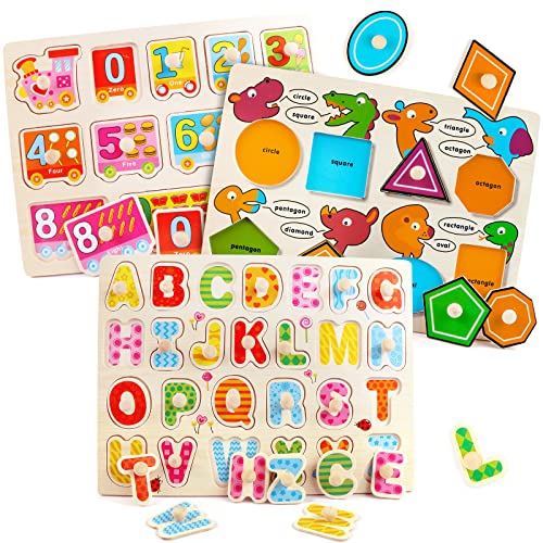 Wooden Peg Puzzles for Toddlers, 3 Pack Wooden ABC Letter Alphabet Numbers Shape Puzzles for Kids 1-3 Years Old, Preschool Learning Puzzles Toys for Boys and Girls Ages 2-4