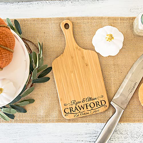 Personalized Mini Cutting Board Wedding Gift for the Couple - Custom Cutting Board Wood Engraved (5' x 11' Bamboo with Handle, Crawford Design) - Bamboo Charcuterie Board - New Home Gift