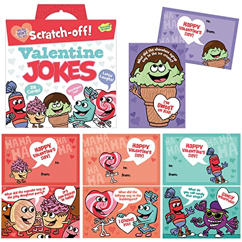 Peaceable Kingdom Valentines Cards for Kids Classroom, Set of 28 Valentines Day Gifts - Scratch off Jokes