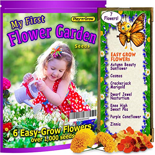 My First Flower Garden - Children’s Easy-Grow Flower Seeds - 6 Varieties: Sunflower, Daisy, Sweet Pea, Marigold, Snapdragon, Purple Coneflower. Free Organic Online Grow Guide. Gift