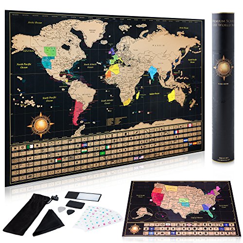 InnovativeMap Scratch Off World Map Poster And Deluxe United States Map – Includes Complete Accessories Set & All Country Flags – Premium Wall Art Gift for Travelers, Map of the World (Travel)
