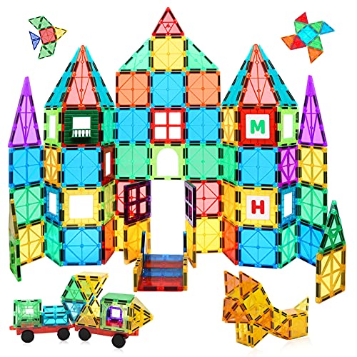 MagHub 150PCS Kids 3D Magnetic Building Blocks, Magnetic Tiles Shape Set, Magnet Toys with 2 Cars, Construction Kit, Learning Educational Gifts for Preschool Toddler Children