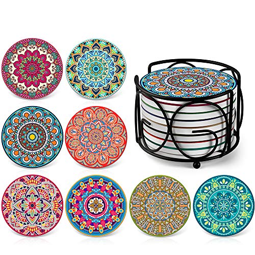 Absorbing Stone New Mandala Coasters for Drinks by Teivio - Cork Base, with Holder, for Friends, Men, Women, Birthday Housewarming, Apartment Kitchen Room Bar Decor, Set of 8