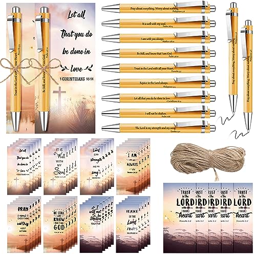 Qilery 91 Pcs Christian Gift Set Bulk 45 Bible Verses Pens Wooden Retractable Bamboo Pen 45 Inspirational Scripture Quote Cards Religious Bookmarks with 1 Twine for Church Gift Women Men