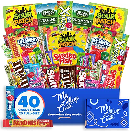 College Candy Snack Box (40 Full Size Variety) Candy Care Package Teenage Student Gift Basket - My College Crate