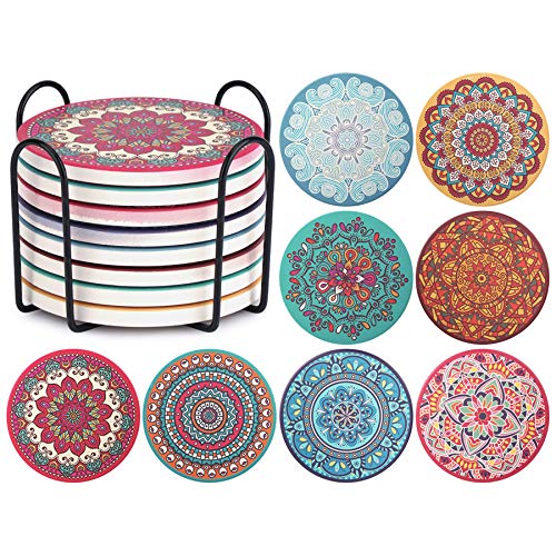 CHEFBEE Set of 8 Coaster for Drinks Absorbent Mandala Ceramic Coasters with Cork Base, Metal Holder, Stone Coasters Set Perfect for Wooden Table, Housewarming, Home and Dining Room Decor
