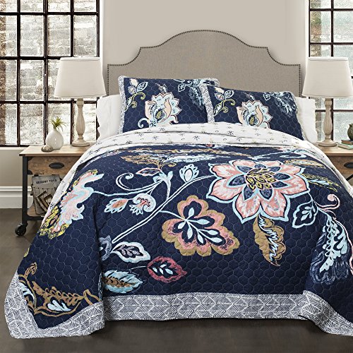 Lush Decor Aster Quilt Flower Pattern Reversible 3 Piece Lightweight Bedding Set, Navy, King