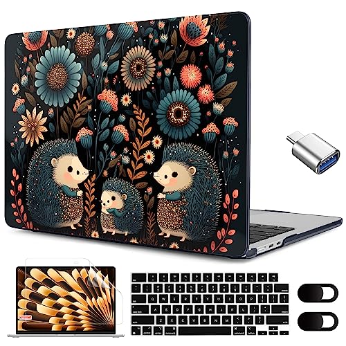 MEEgoodo for M3 MacBook Air M2 Case 2024 2023 with M3 M2, Clear Case Fit Model A3114 A2941 for MacBook Air 15 inch, Laptop Hard Shell with Keyboard&Webcam Cover&OTG Adapter, Adorable Hedgehogs