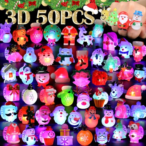 3D Nucifer 50 Pcs Christmas Light Up Rings Christmas Party Favors for Kids Adults Christmas Party Toy Stocking Stuffer LED Flashing Rings Glow in the Dark Christmas Toys for Boys Girls Christmas Gifts