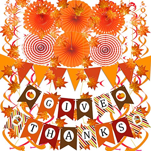 Give Thanks Banner Orange Paper Triangle Flag Bunting Maple Leaf Hanging Garland and Paper Fan Flower Swirl Streamers for Thanksgiving Theme Party Decoration