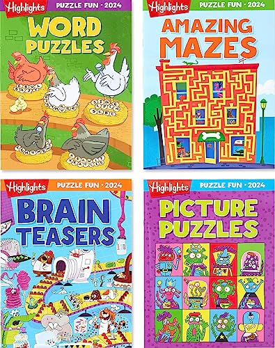 Highlights Puzzle Fun 2024 Puzzle Books for Kids Ages 6 and Up, 4-Book Set of Brain Teasers, Mazes, Word Puzzles and More Travel-Friendly Screen Free Brain-Boosting Activities