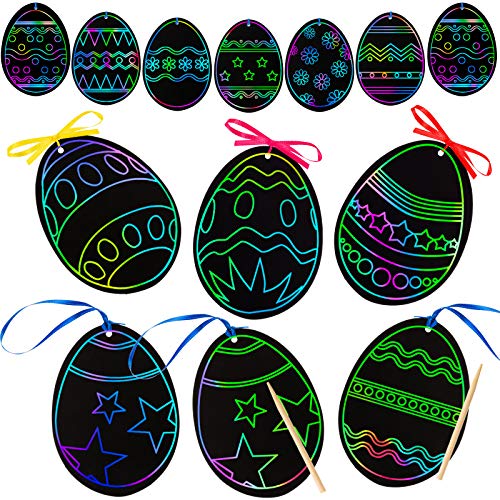 48 Pieces Scratch Paper Easter Scratch Craft Art Easter Day Ornaments Colorful Scratch Easter Day Rainbow Cutouts with 48 Wooden Sticks and 48 Colorful Ribbons for Kids Church Class (Egg)
