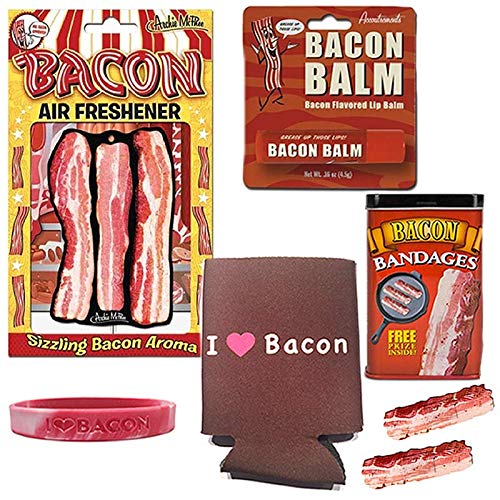 Bacon Bonanza Sampler Gift Pack (5pc Set) - Bacon Bandages, Air Freshener, Lip Balm, I Heart Bacon Can Cooler & I Love Bacon Silicone Wristband