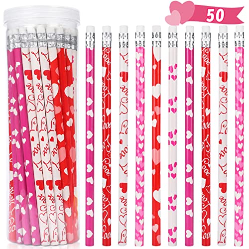 HINZER 50Pcs Valentines Day Pencils for Kids Party Favors Valentines Wood Pencils Bulk with Erasers for Goodie Bags Fillers Valentine's Day Exchange Gifts Giveaways Classroom Rewards School Supplies