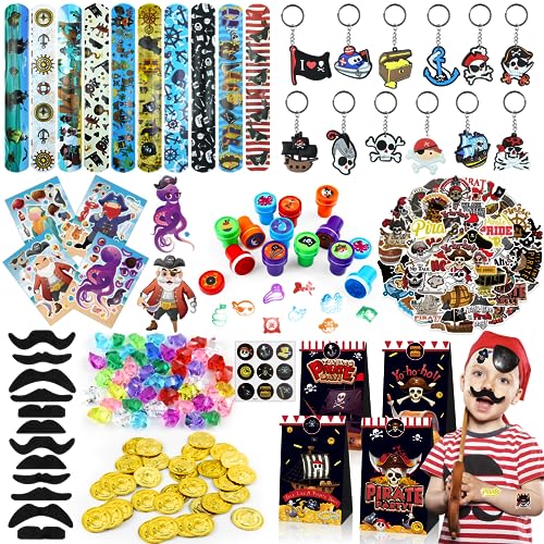 BOIKOKY 206 Pieces Pirate Party Favors Supplies, Pirate Birthday Party Decorations, Pirate Party Goodie Bags with Stickers keychain Mustaches Stamps Gold Coins Gems for Kids Boys