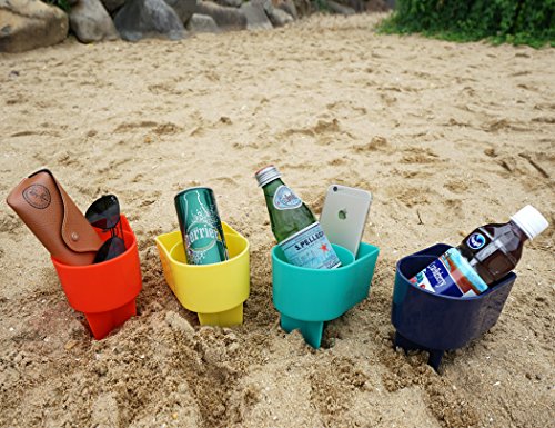 Home Queen Beach Cup Holder with Pocket, Multifunctional Sand Cup Holder for Beverage Phone, Beach Accessory Drink Sand Coaster, Set of 4 (Navy, Teal, Yellow and Orange)