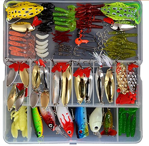 Bluenet 129pcs Fishing Lure Set Including Plastic Soft Lures Frog Lures Spoon Lures Hard Lures Popper Crank Rattlin Trout Bass Salmon and More
