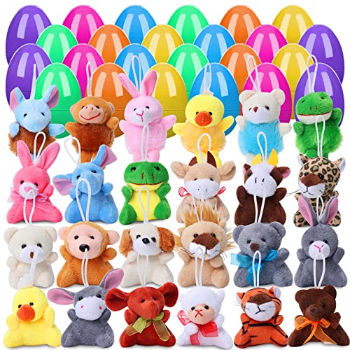 NEWBEA 24 Pcs Filled Easter Eggs with Plush Animal Toys for Easter Eggs Hunt, Easter Basket Stuffers Fillers, Easter Classroom Prize Supplies