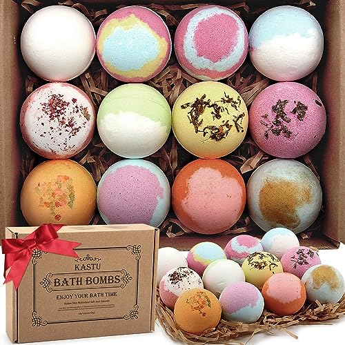 KASTU Bath Bombs Salt Balls,12 PCS Gift Set,Vanilla Menthol Rose Extract Essential Oils,Moisturizing Dry Skin,Fizzy Spa,Relaxing,Bubble Bath Bomb for Gifts Idea for Men Women (12 Pack - Large Box)