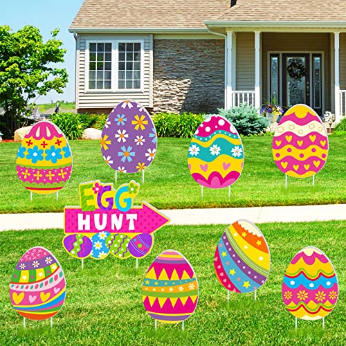 Whaline 9Pcs Easter Eggs Yard Sign with 18Pcs Stakes Colorful Easter Eggs Lawn Sign Easter Egg Hunt Game Yard Outdoor Decoration for Easter Home Lawn Pathway Walkway Decor Party Supplies