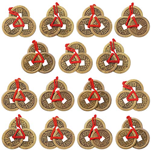 Chinese Fortune Coins Feng Shui Coins I Ching Coins Good Luck Coins Traditional Brass New Year Coins with Red String for Wealth and Success, 5 Styles (15 Pieces)