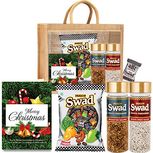 Swad Merry Christmas Gift Hamper Set (Mixed Toffee & Rosted Saunf & White Sweet Saunf Pachak Mukhwas Mouthfreshener, 25 Candy & 2 bottle) with Greeting Card & Jute Bag,Gift Item