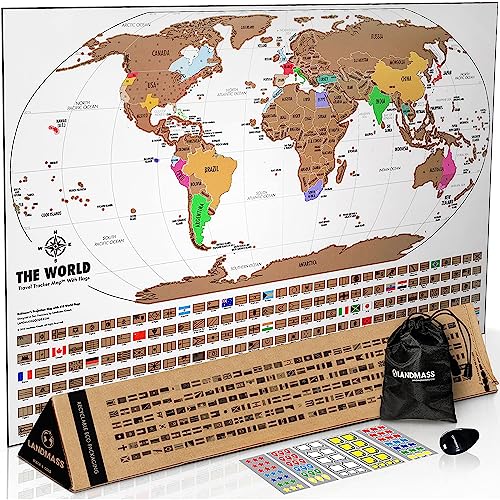 Landmass - Scratch Off Map Of The World - Premium World Map Poster with Flags - Deluxe Travel Tracker Print - Wall Art - Home Office Decor - Gift Idea For Travelers - 17 x 24 inches