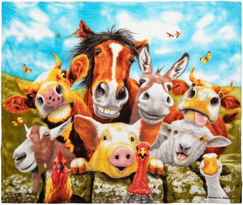 Dawhud Direct Cartoon Selfie Farm Animals Fleece Blanket for Bed 50' x 60' Farm Animal Fleece Throw Blanket for Women, Men and Kids Super Soft Plush Horse Blanket Throw Plush Blanket for Horse Lovers