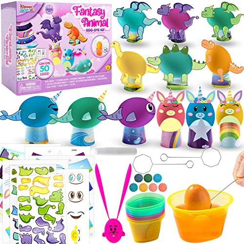 Klever Kits 27 PCS Easter Animal Egg Dye Kit, Easter DIY Egg Decorating Kit with Mermaid, Dinosaur and Unicorn Theme Stickers for Easter Party Favor, Egg Hunt, Creativity Activity, Party Decorations