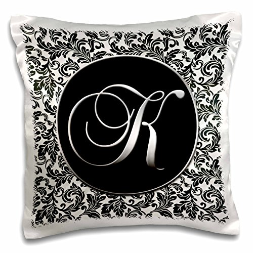 3dRose pc_38760_1 Letter K-Black and White Damask-Pillow Case, 16 by 16'