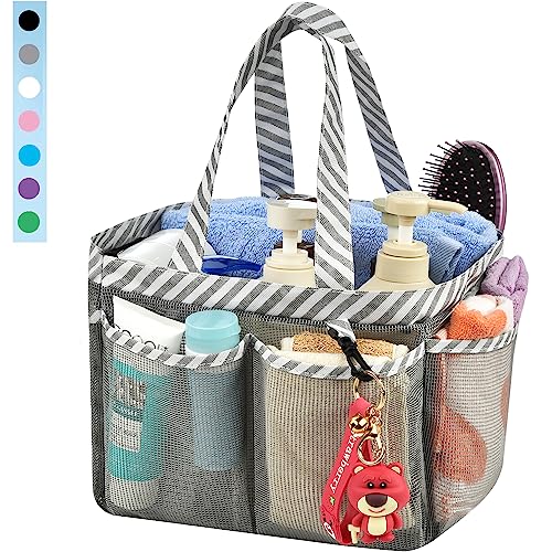 Haundry Mesh Shower Caddy Bag, Portable College Dorm Bathroom Tote, Quick Dry Holder for Camp Gym, 8 Basket Pockets with Key Hook and 2 Oxford Handles, Gray